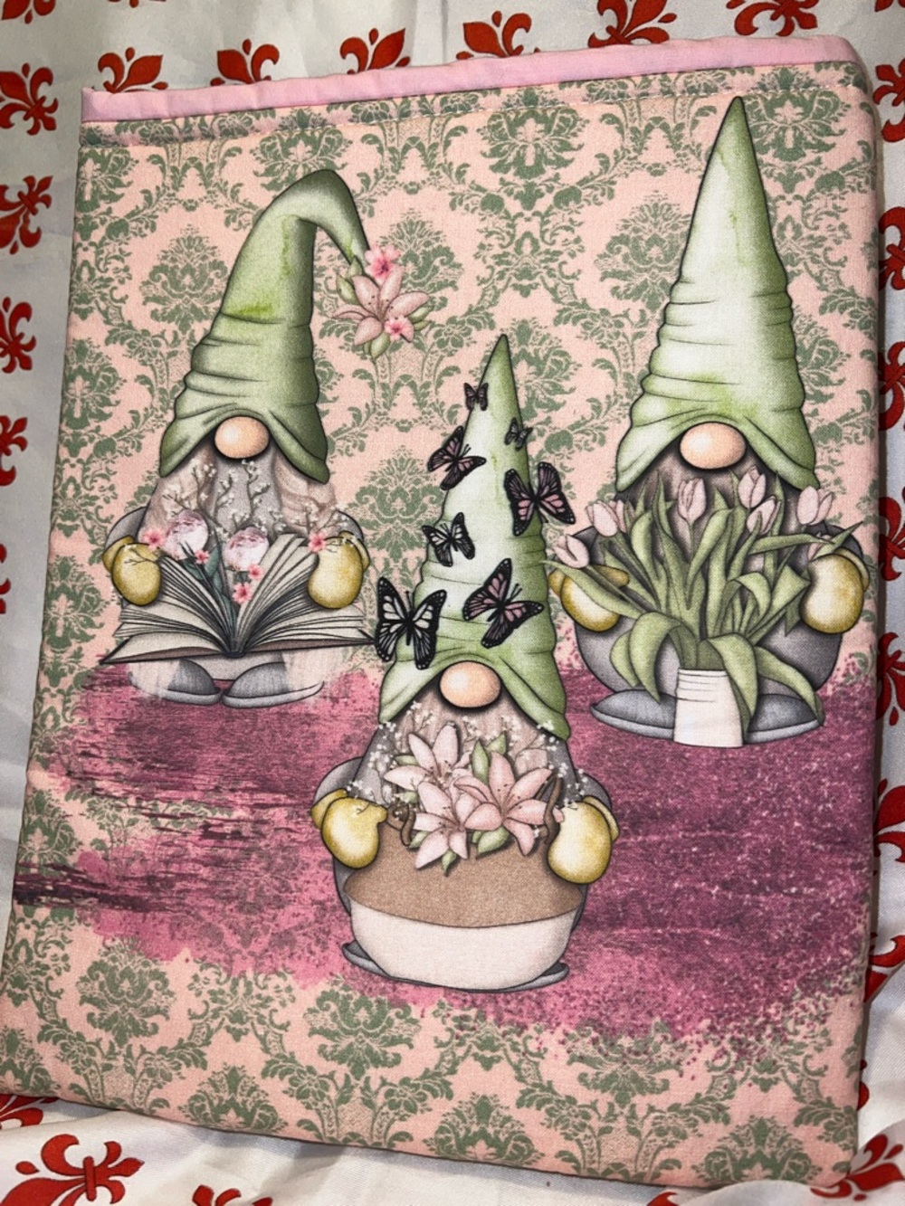 Set Spring Gnome Garden book sleeve Cover - Pink & Green Floral snowflake,